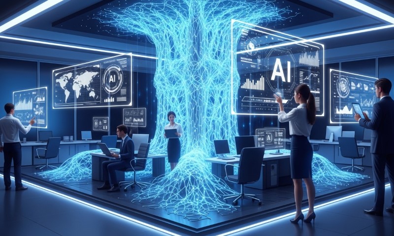 A futuristic office with a glowing, digital tree centerpiece.