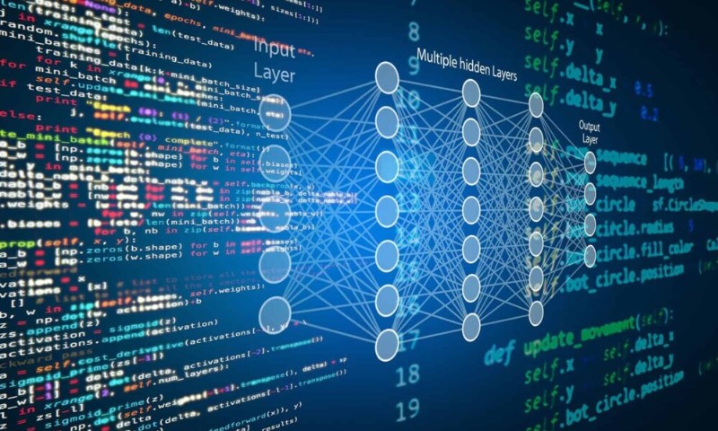 Visualization of a neural network with labeled layers, surrounded by colorful code lines, conveying a techy, analytical atmosphere.