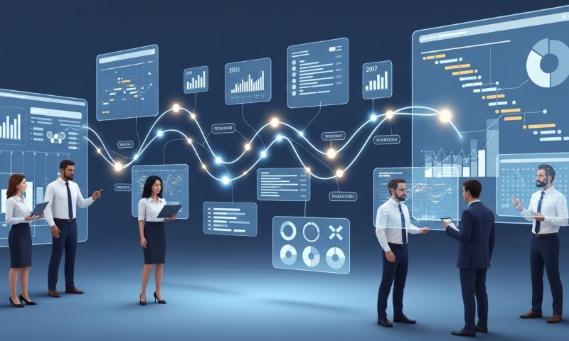 A group of business professionals in formal attire discusses digital data visualizations, graphs, and charts on screens, conveying a high-tech, analytical environment.