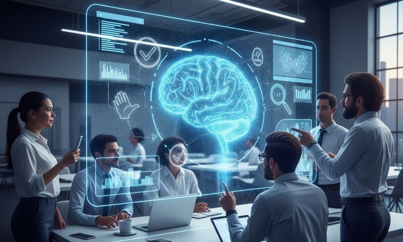 A team in a modern office discusses data shown on a large digital screen displaying a glowing brain and analytics, conveying innovation and collaboration.